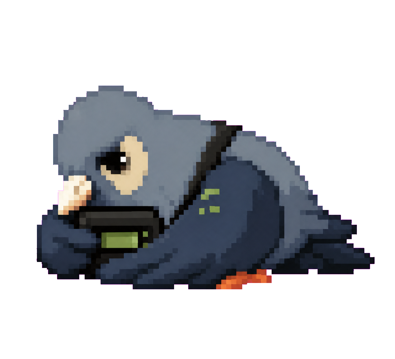Pascal, the pixel-art pigeon, shielding his pager